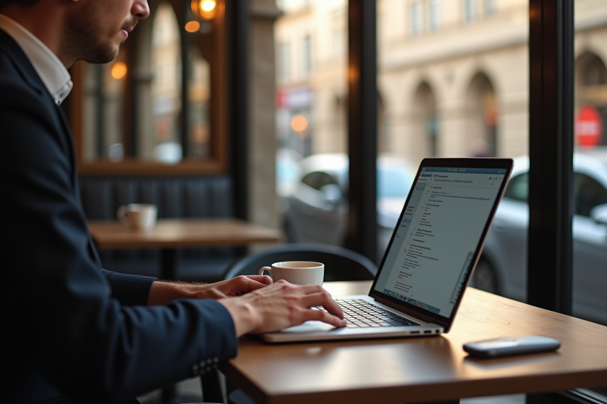 Laptop sur une table de café à Toulouse avec reflet de la ville