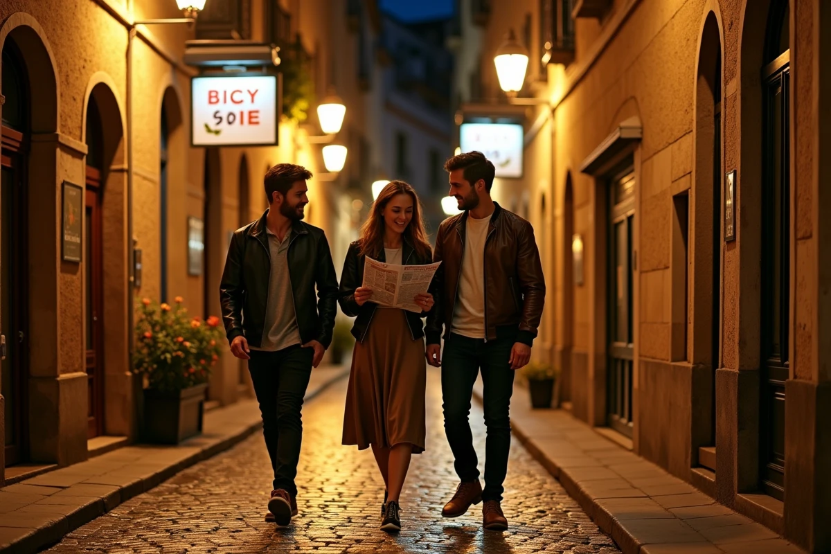 Groupe d'amis explorant les bars et ruelles de nuit dans le centre historique de Perpignan lors d'un parcours de soirée