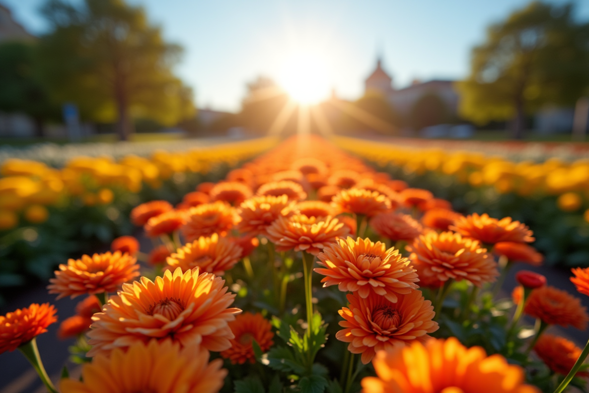 Jardin de fleurs en forme de V au coucher de soleil
