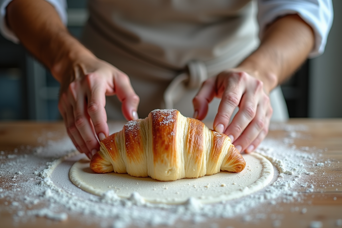 Mains d’un boulanger façonnant la pâte à croissants