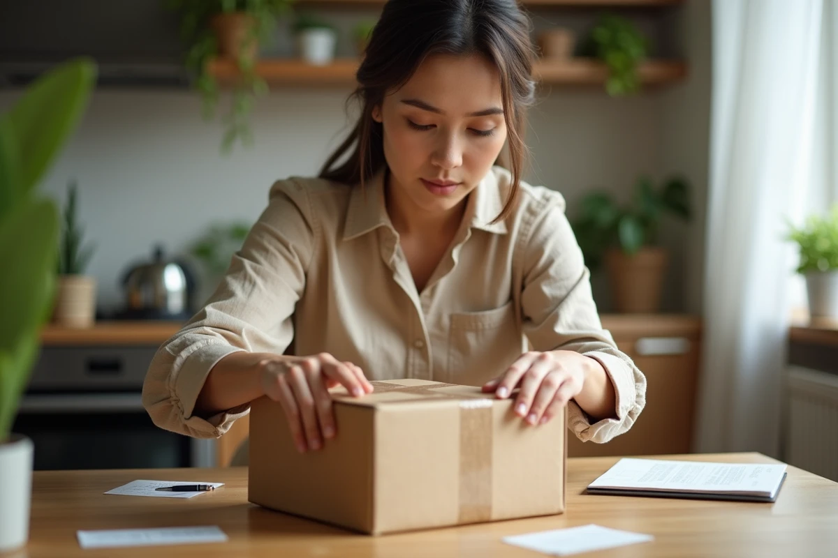 Femme préparant un colis pour un envoi mondial Relay à domicile, collant une étiquette sur une boîte en carton sur une table en bois