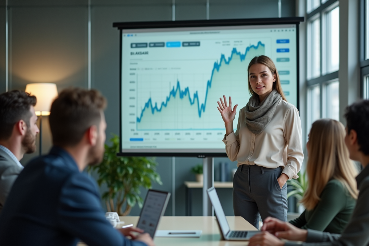 Jeune femme présentant des graphiques financiers en équipe