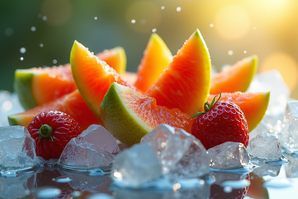 Produits frais en forme de V sur glace fondante montrant l