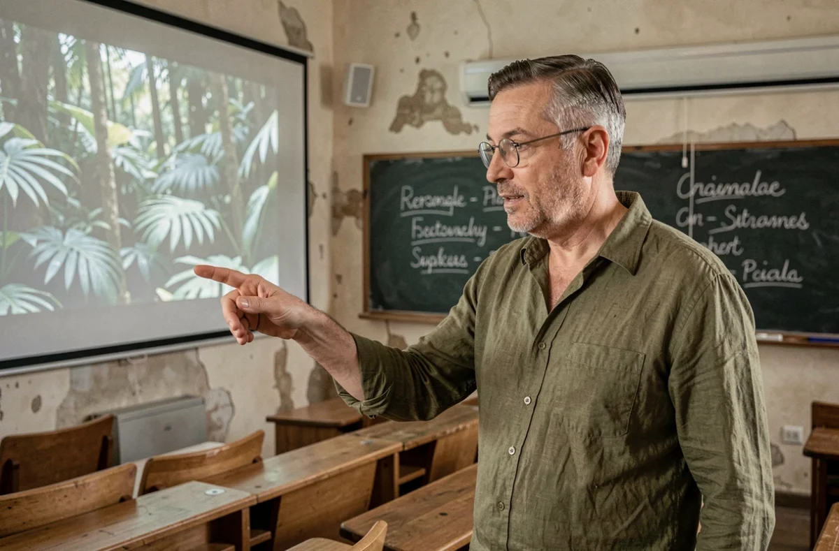 Professeur de cinéma quinquagénaire présentant un film anti-guerre sur le Vietnam devant un écran de projection dans un amphithéâtre universitaire