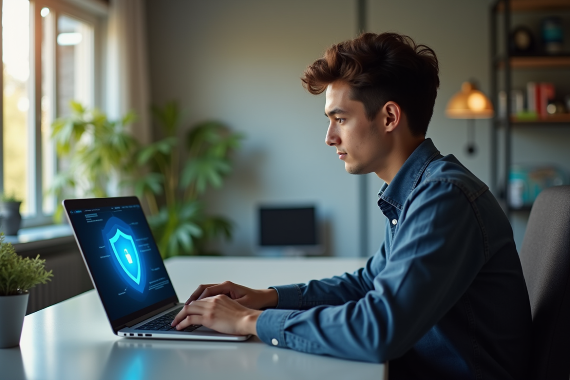 Jeune professionnel utilisant un ordinateur avec un bouclier bleu