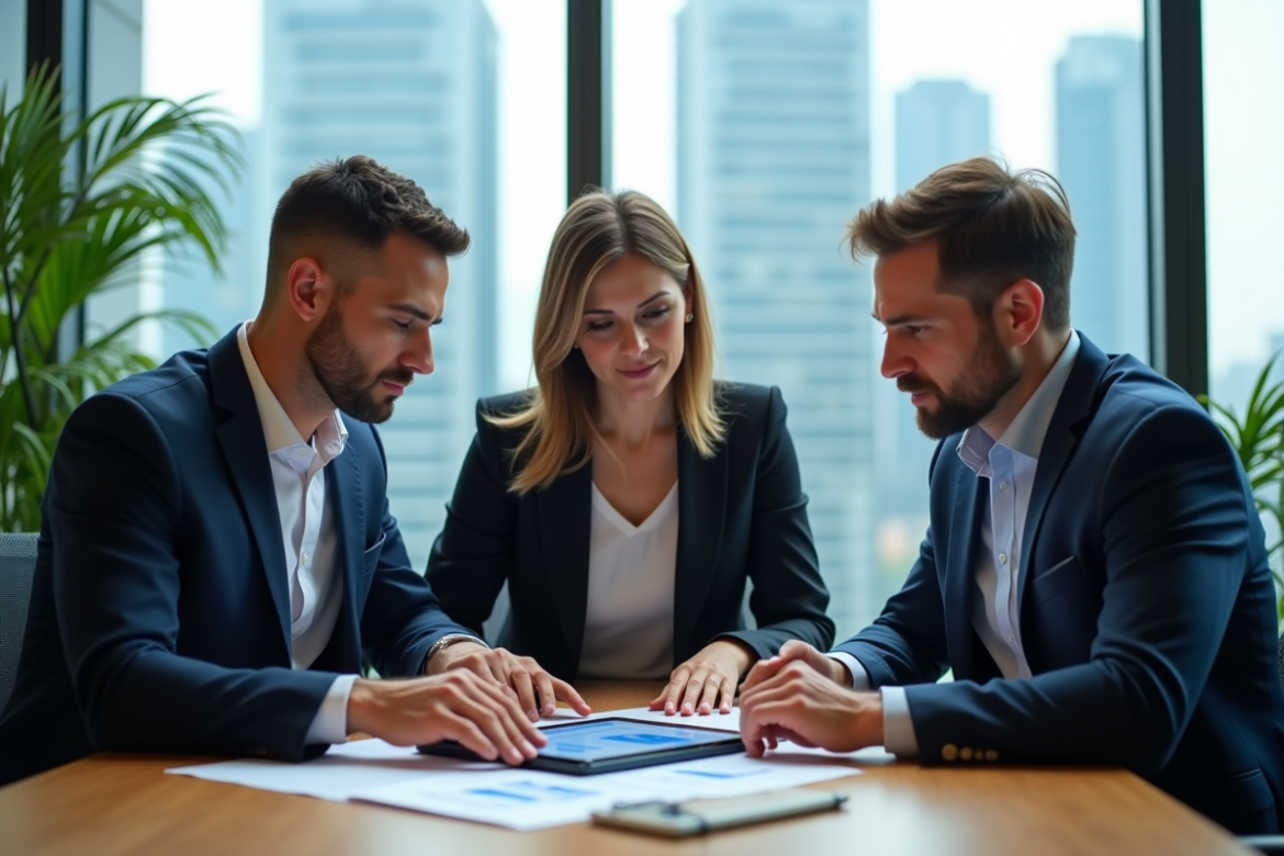 Trois professionnels en réunion analysant des graphiques financiers