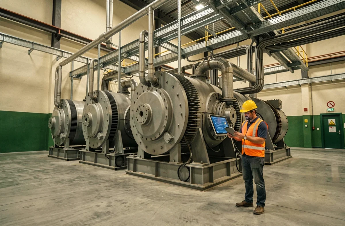 Vue grand angle d'une rangée de moteurs synchrones industriels dans une centrale électrique avec technicien de maintenance