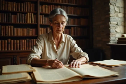 Chercheuse consultant des archives anciennes dans une salle d'archives historiques avec registres et documents manuscrits