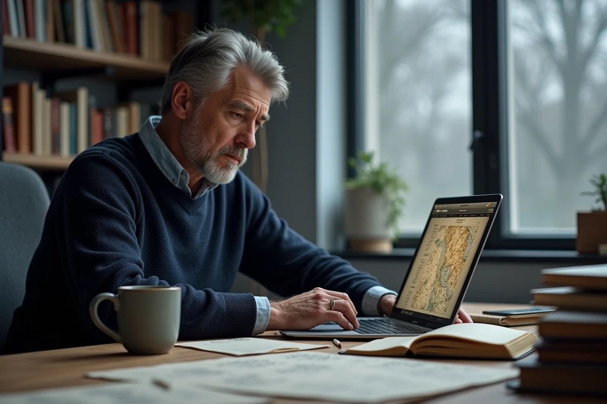 Homme effectuant des recherches généalogiques en ligne sur un site d'archives abbatiales depuis son bureau à domicile
