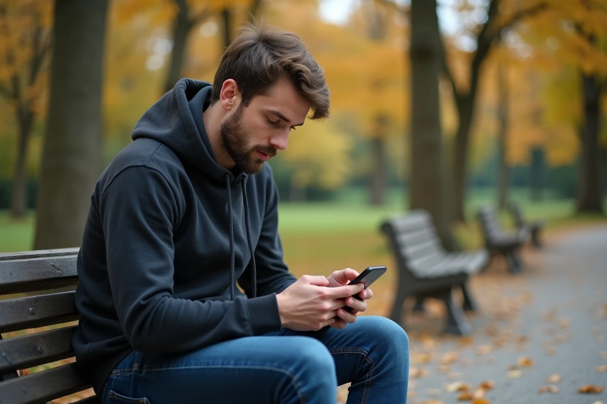 Jeune homme recherchant un numéro de téléphone portable inconnu sur internet dans un parc