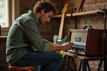 Guitariste ajustant les réglages de son ampli combo pour obtenir un son clair sur une guitare Atlantic