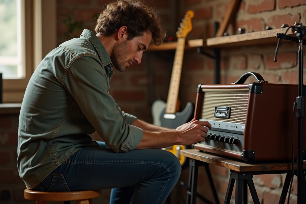 Guitariste ajustant les réglages de son ampli combo pour obtenir un son clair sur une guitare Atlantic