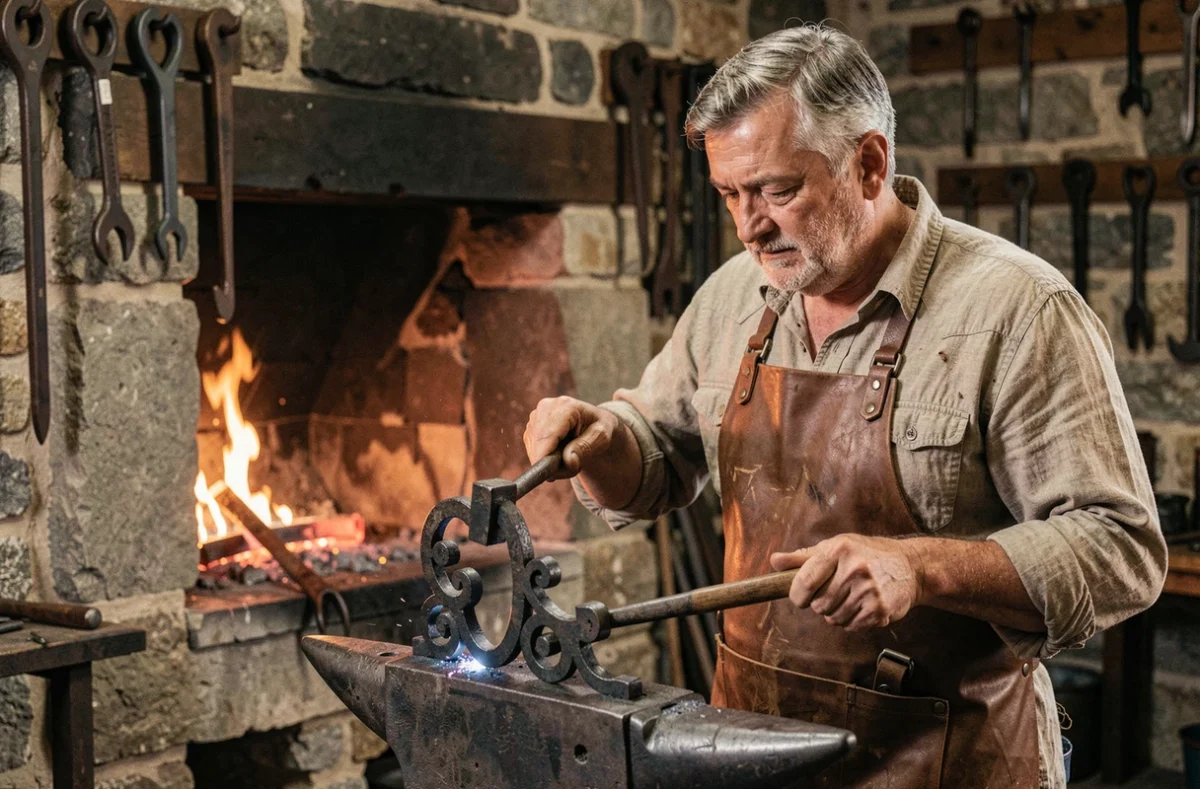 René Dalle, serrurier ferronnier artisan, forgeant une pièce en fer forgé dans sa forge traditionnelle