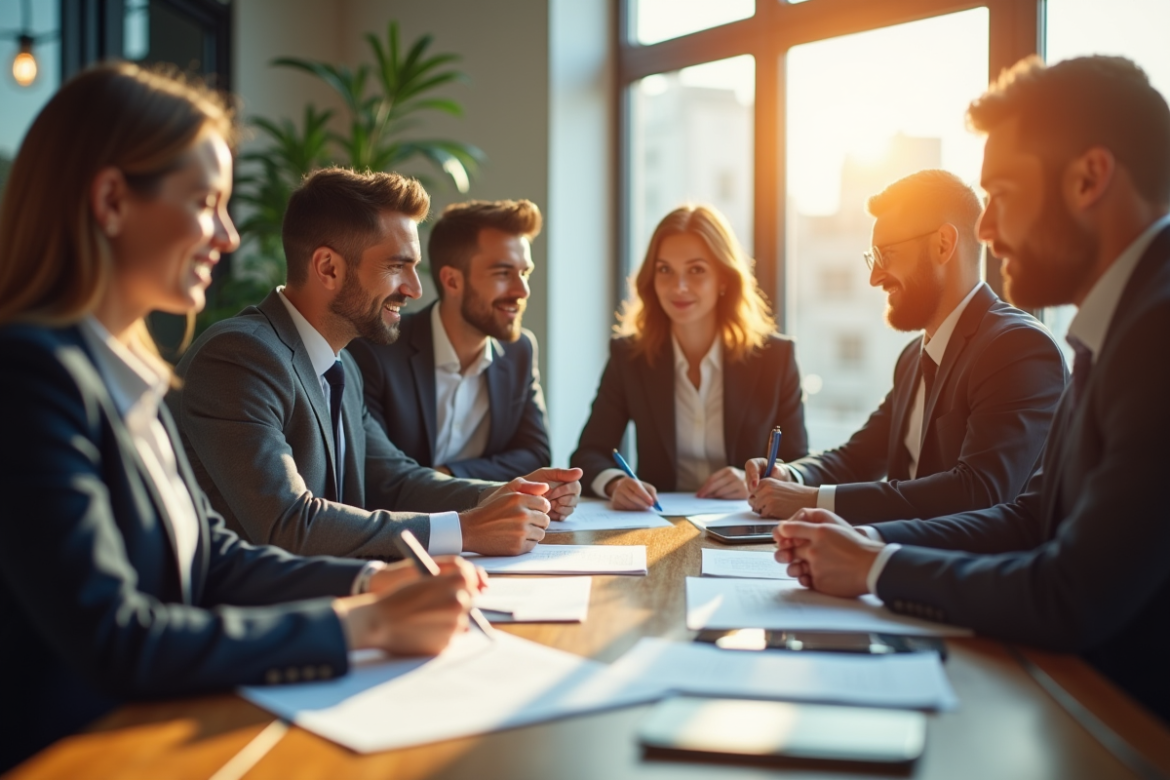 Réunion d'affaires dans un bureau lumineux avec professionnels