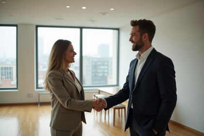 Femme daffaires serre la main dun agent immobilier dans un appartement lumineux