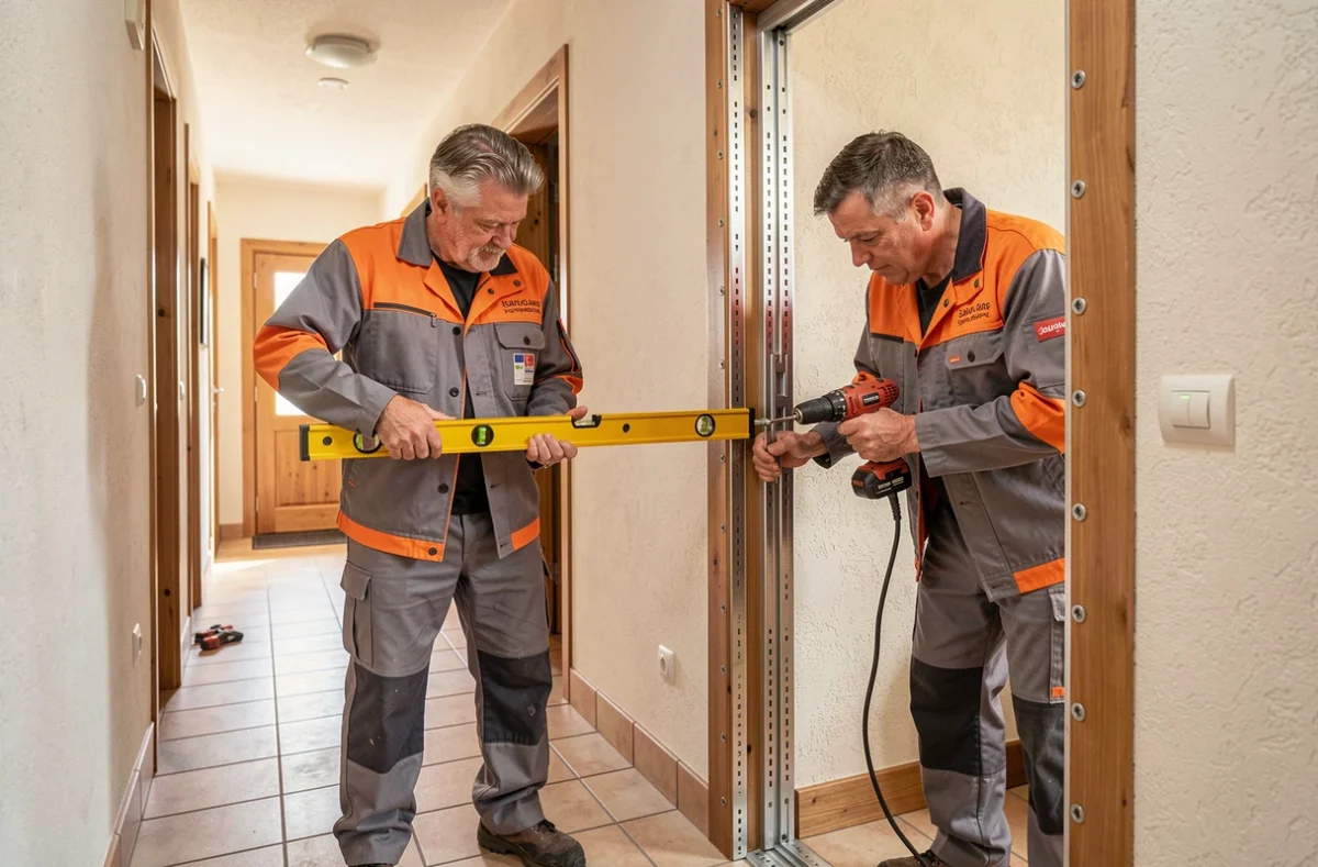Deux techniciens Roux et Violino installant un cadre de porte renforcé dans un couloir résidentiel savoyard