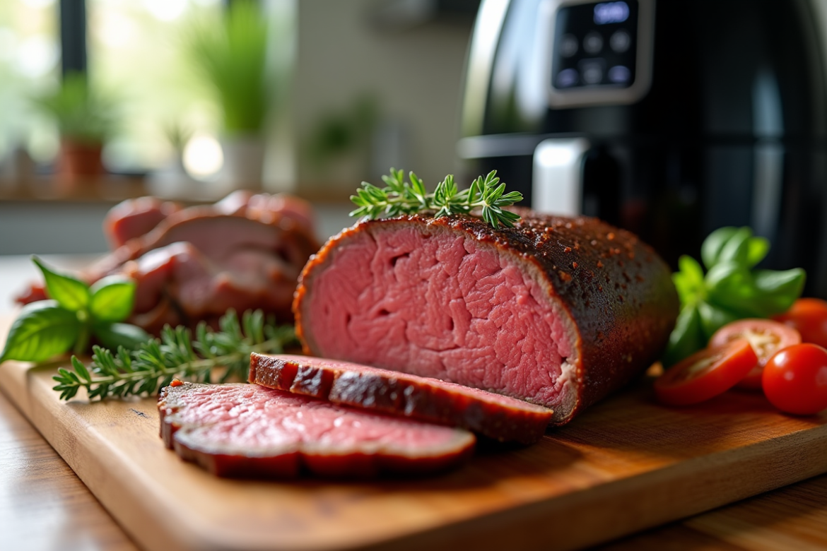 Rôti de bœuf tranché sur planche en bois avec légumes et air fryer
