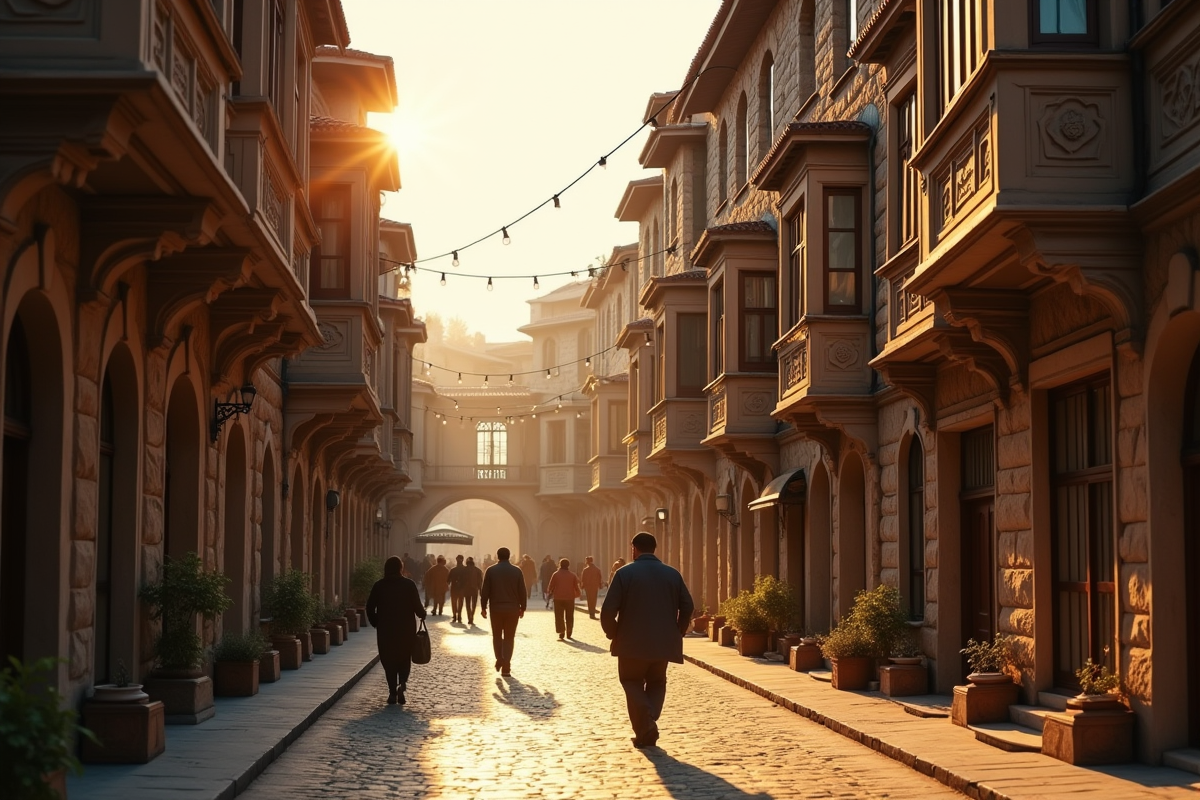 Rue historique avec bâtiments ottomans au coucher du soleil
