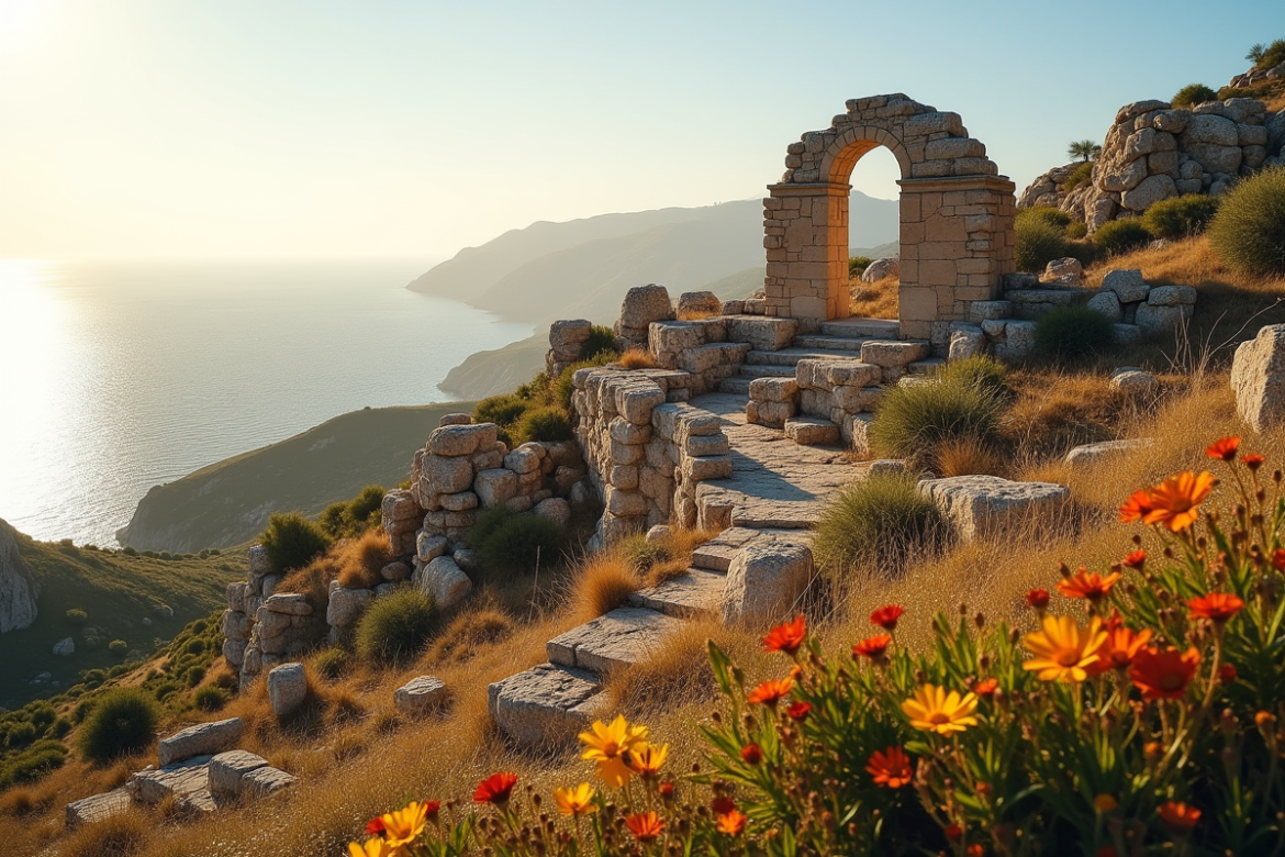 Ruines anciennes sur une colline en Méditerranée en plein jour