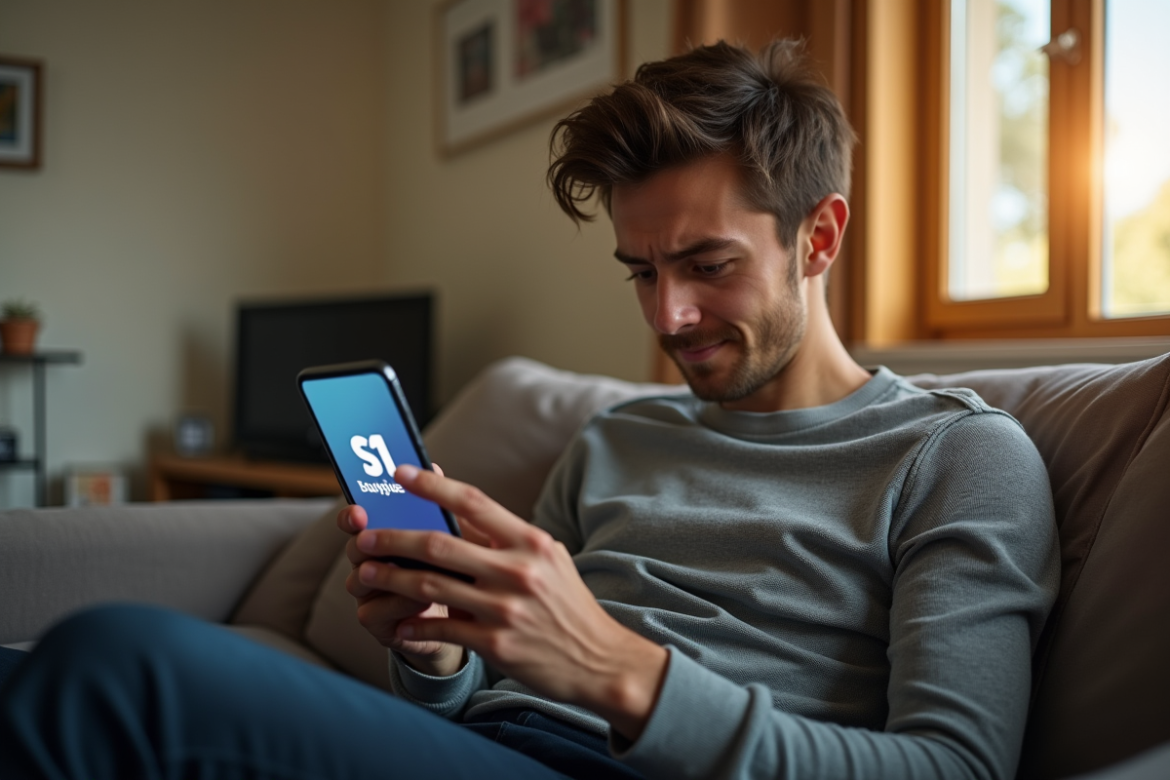 Jeune homme dans un salon moderne avec smartphone affichant erreur S1