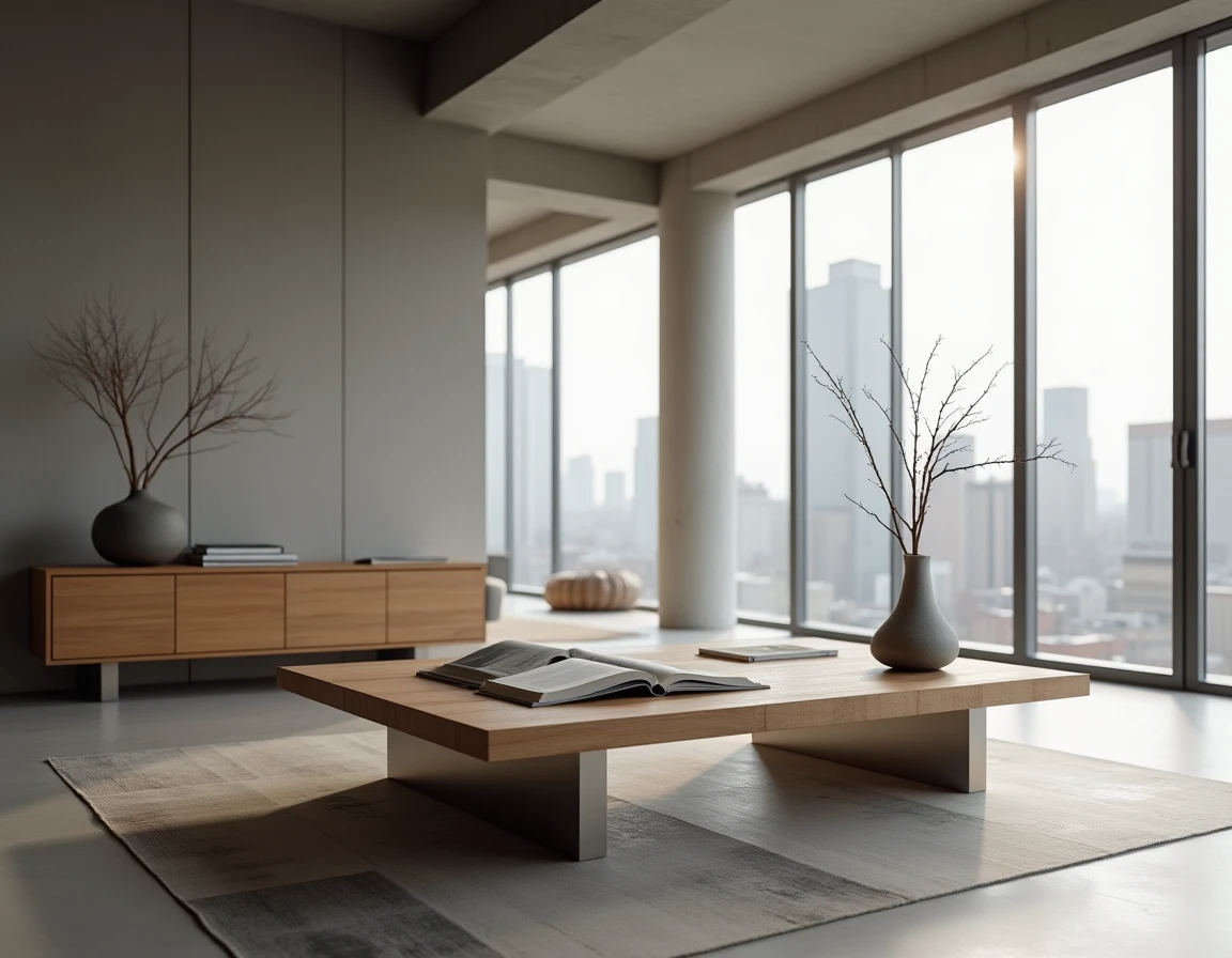 Salon loft moderne avec table basse et console en tubes d'aluminium rectangulaires et bois massif sur sol en béton ciré