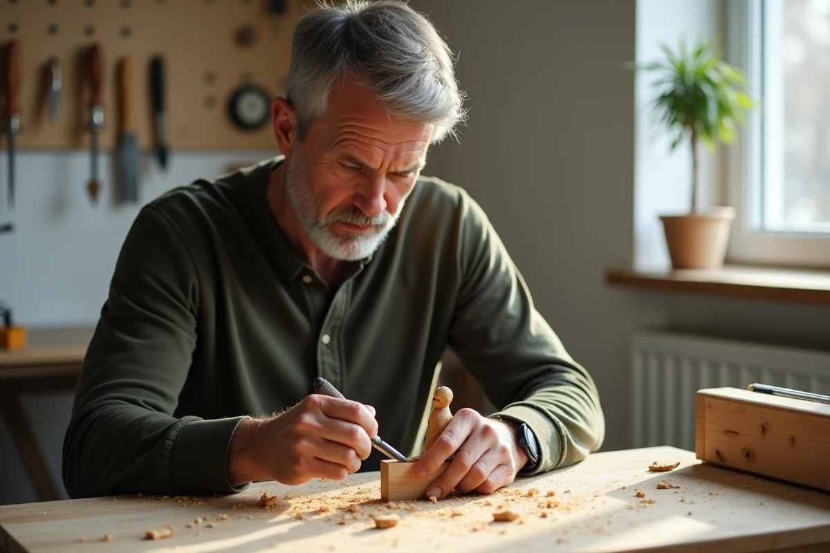 Homme adulte pratiquant la sculpture sur bois à domicile comme activité manuelle pour le développement personnel et la pleine conscience