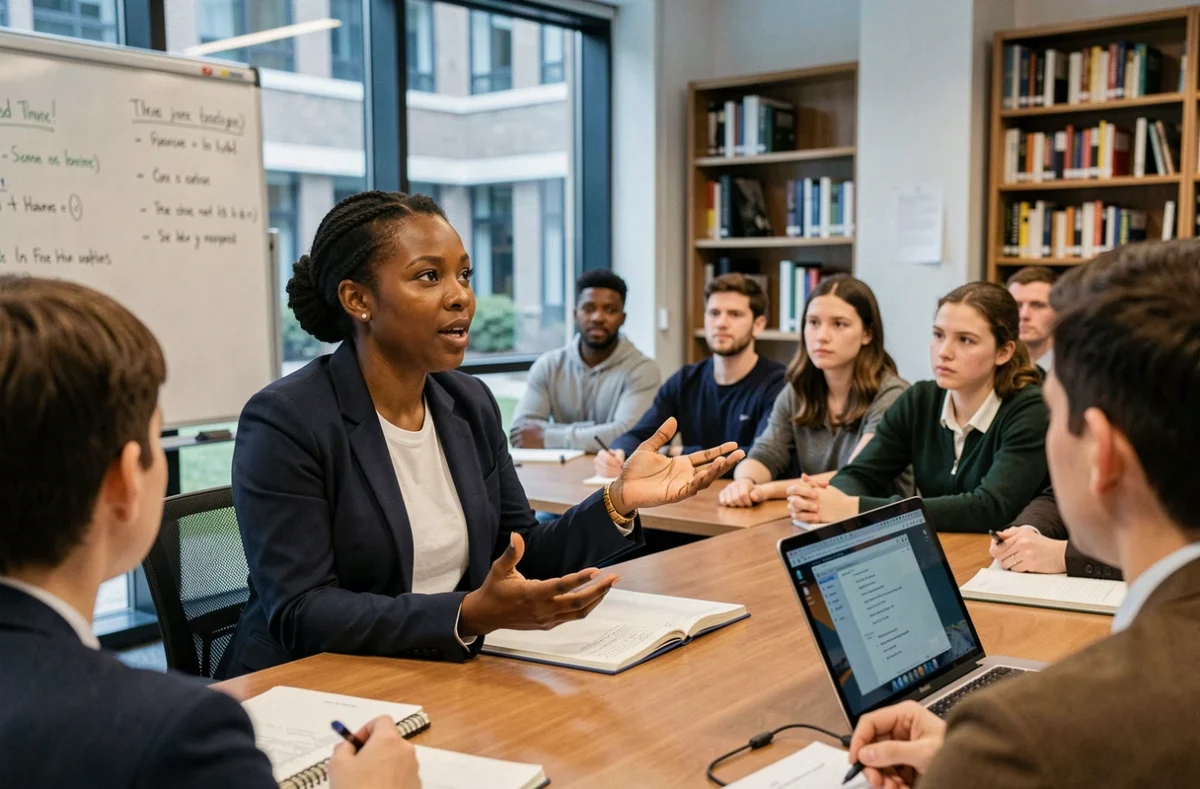 Femme universitaire présentant des concepts antiracistes lors d'un séminaire académique