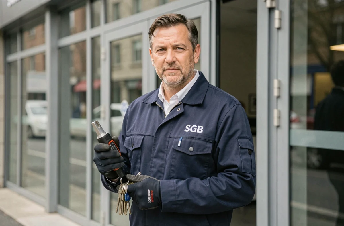 Technicien de la Serrurerie Générale du Berry (SGB) devant une entrée commerciale sécurisée à Bourges