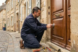 Serrurier professionnel en intervention devant une porte d'entrée en bois dans une rue française typique du Cher