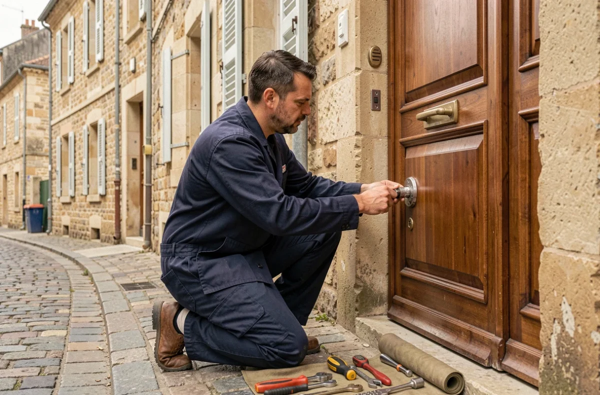 Serrurier professionnel en intervention devant une porte d'entrée en bois dans une rue française typique du Cher