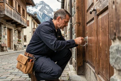 Serrurier professionnel travaillant sur une porte en bois dans un village savoyard avec les Alpes en arrière-plan