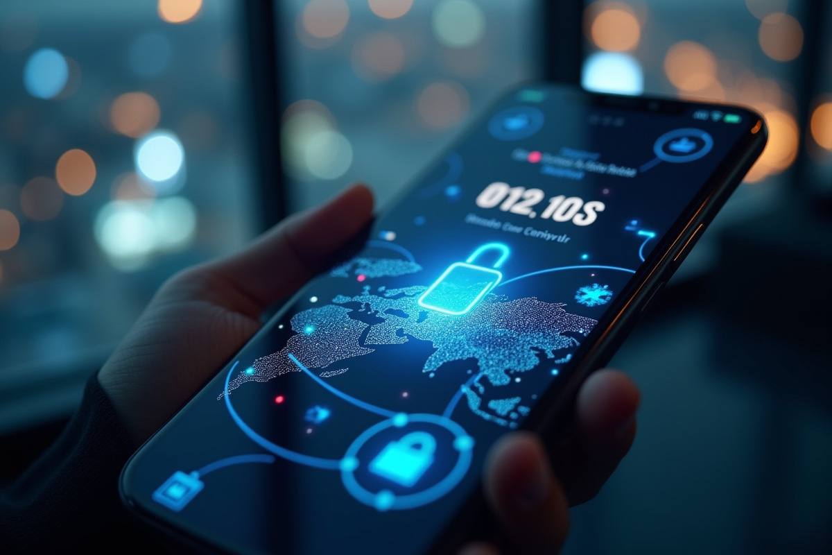 Smartphone affichant une connexion VPN avec vue urbaine en arrière-plan