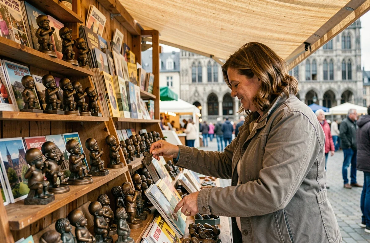Étal de souvenirs avec des répliques miniatures du Manneken Pis sur la Grand-Place de Bruxelles