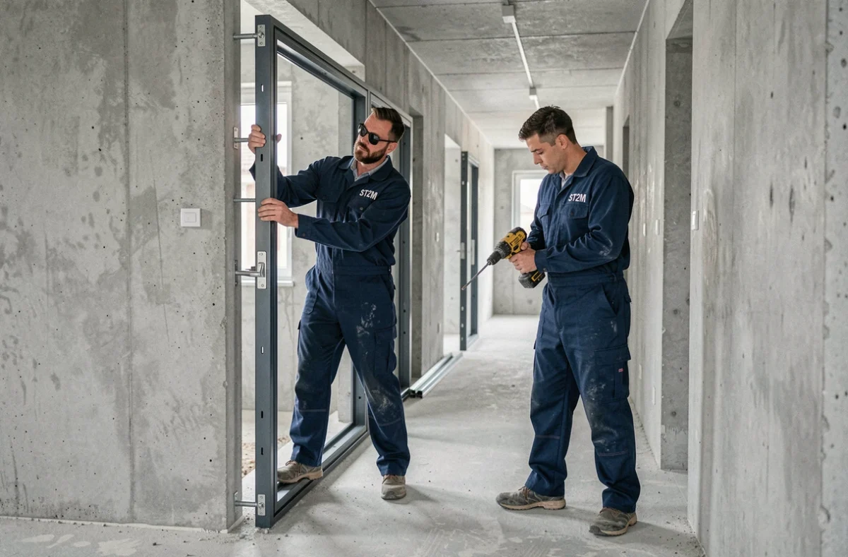 Deux techniciens ST2M installant un encadrement de porte sécurisée dans un local commercial en cours de rénovation