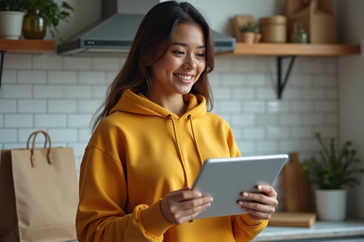 Jeune femme suivant plusieurs commandes en ligne sur tablette dans une cuisine moderne