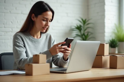 Femme utilisant une application de suivi de colis sur smartphone entourée de plusieurs colis à livrer