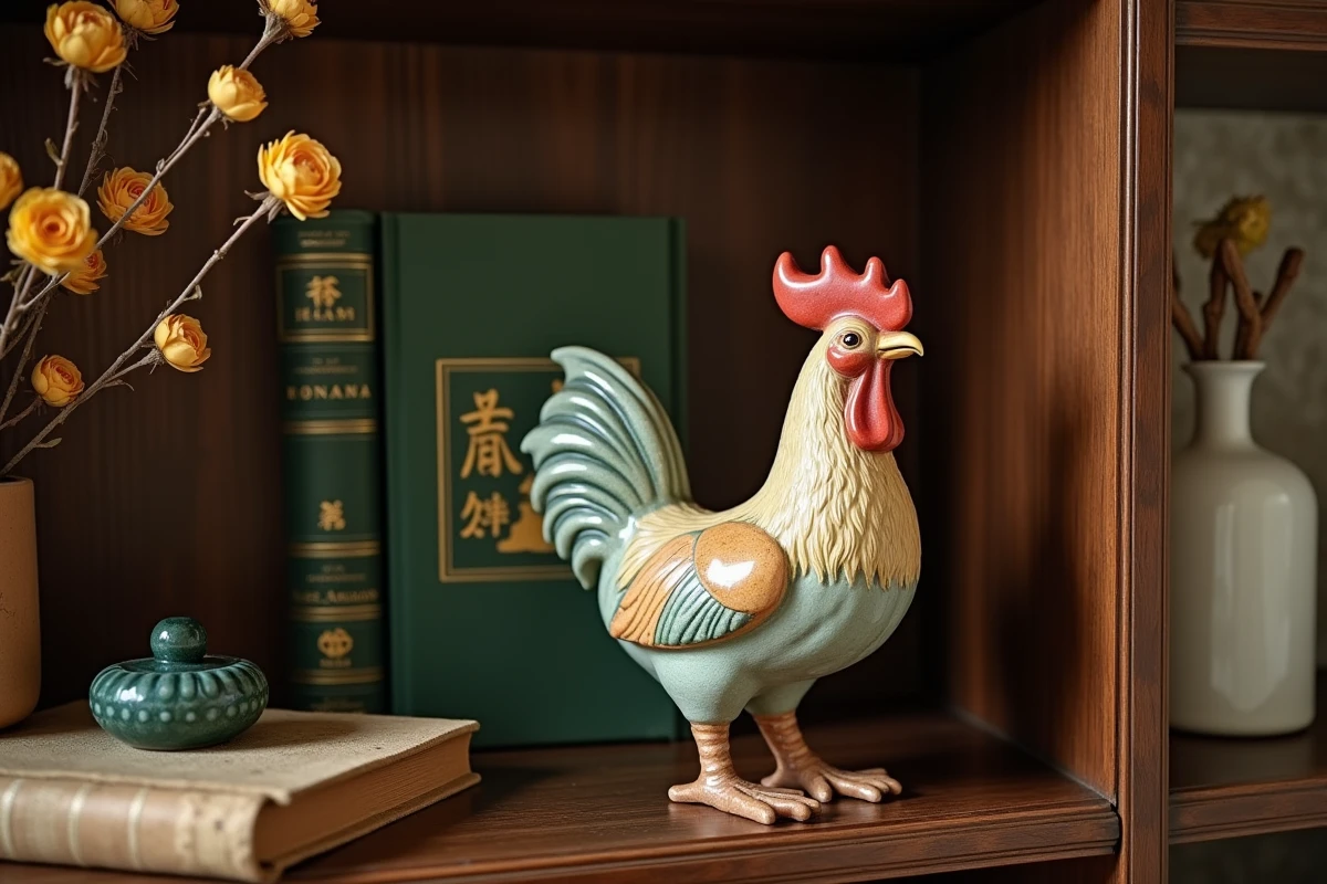 Figurine de coq en céramique et almanach chinois symbolisant le signe astrologique Coq d'Eau né en 1993