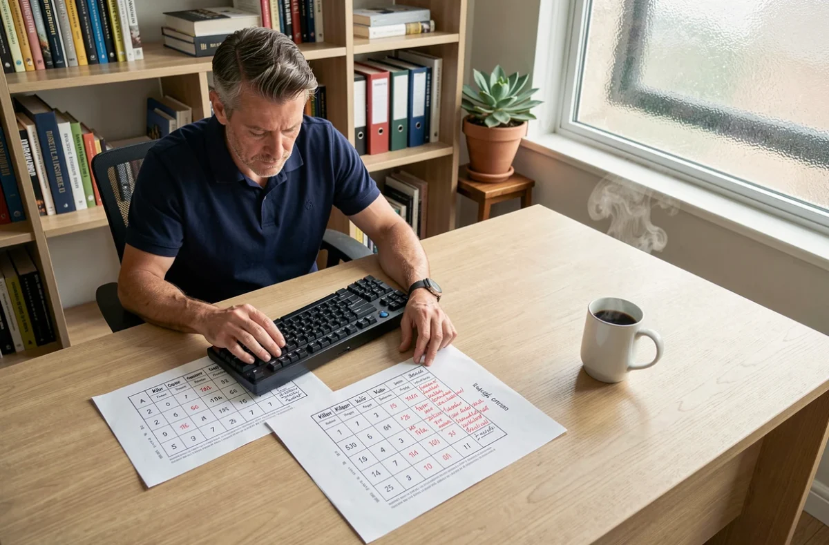 Homme consultant un tableau de conversion de kilogrammes imprimé sur son bureau avec annotations manuscrites