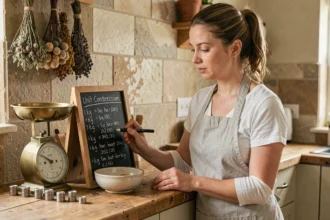 Femme écrivant un tableau de conversion kg sur une ardoise dans une cuisine rustique avec une balance vintage