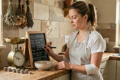 Femme écrivant un tableau de conversion kg sur une ardoise dans une cuisine rustique avec une balance vintage