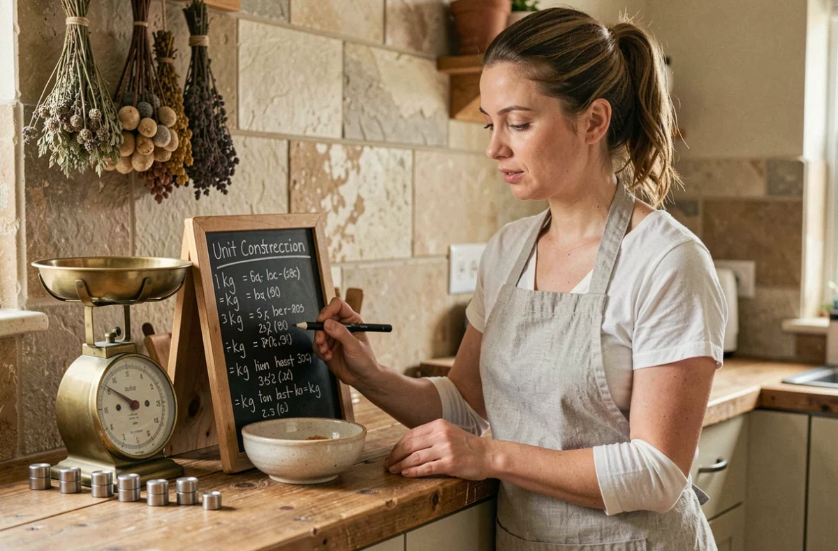 Femme écrivant un tableau de conversion kg sur une ardoise dans une cuisine rustique avec une balance vintage