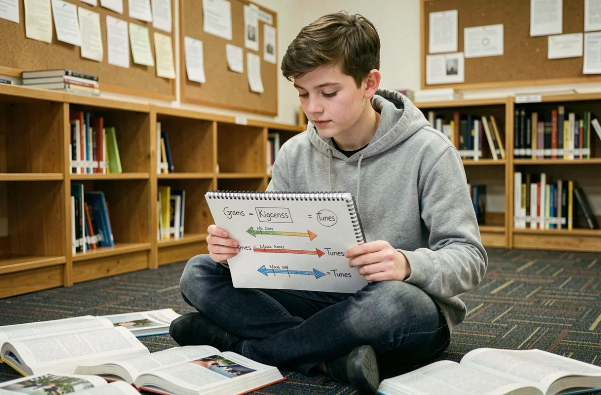 Étudiant dessinant un schéma mnémotechnique visuel pour retenir les conversions de kilogrammes dans une bibliothèque