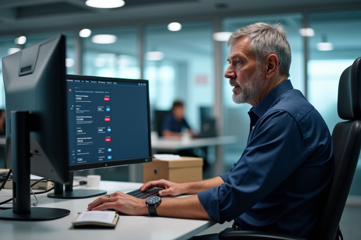 Homme consultant un tableau de bord de suivi de plusieurs commandes sur écran d'ordinateur en bureau