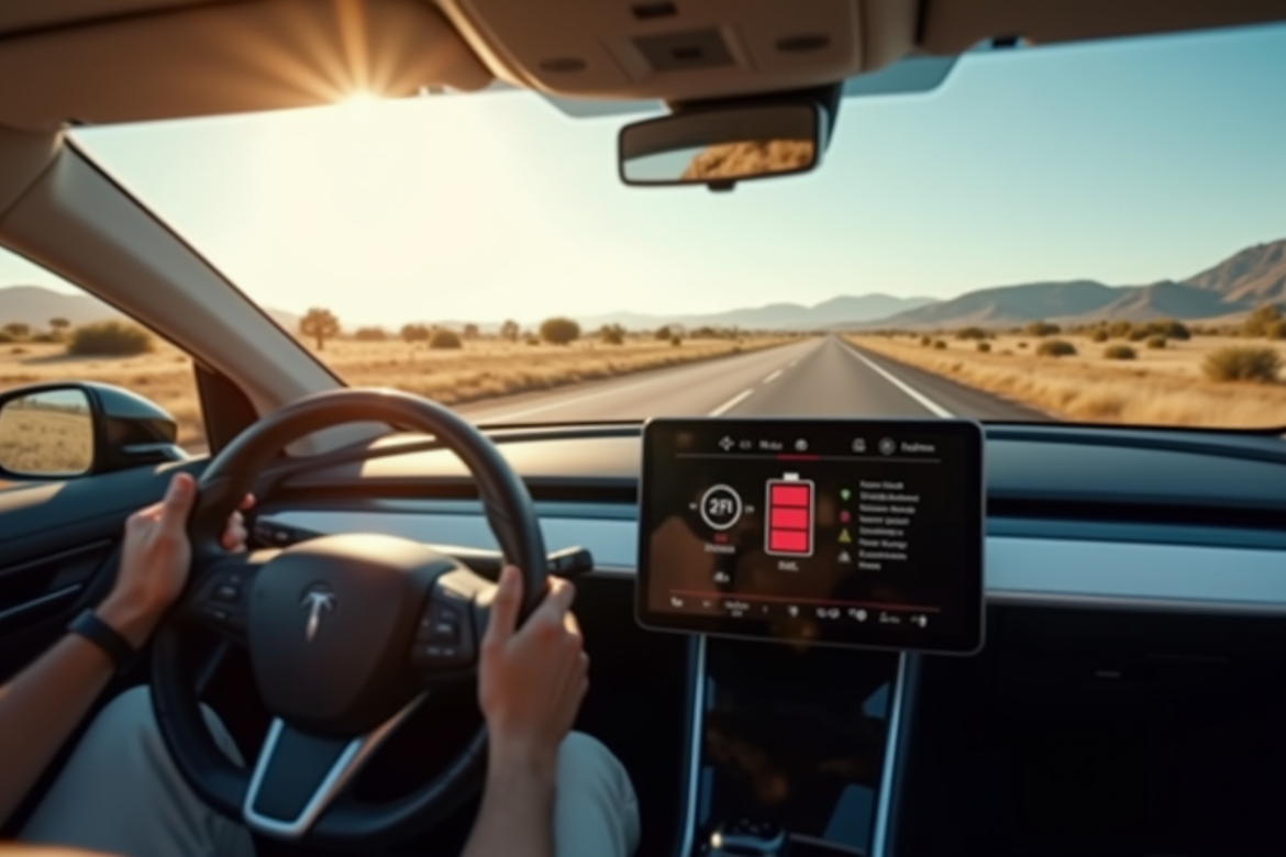 Tableau de bord d'une voiture électrique avec alerte de batterie faible