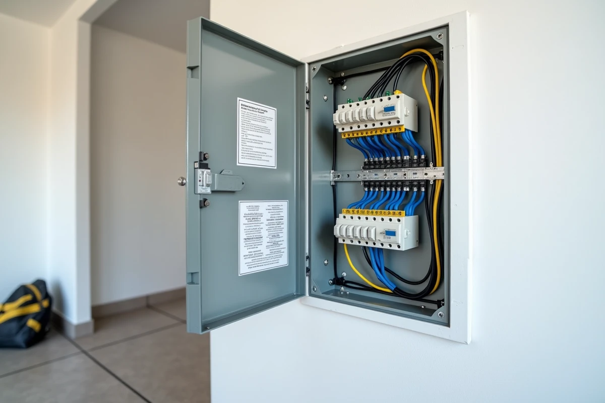 Tableau électrique modulaire résidentiel ouvert avec borniers de connexion et câblage organisé sur rail DIN