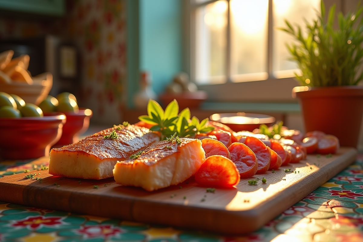 Tapas de cabillaud et chorizo avec olives et pain de seigle