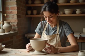 Femme adulte faisant de la poterie dans un atelier artisanal en terre cuite pour se recentrer et développer sa créativité