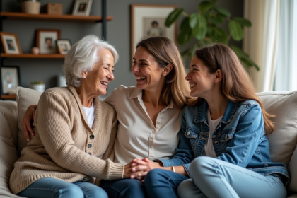 Trois générations de femmes discutent chaleureusement à la maison