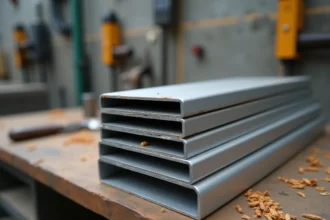 Gros plan sur des tubes rectangulaires en aluminium brossé empilés sur un établi en bois dans un atelier industriel