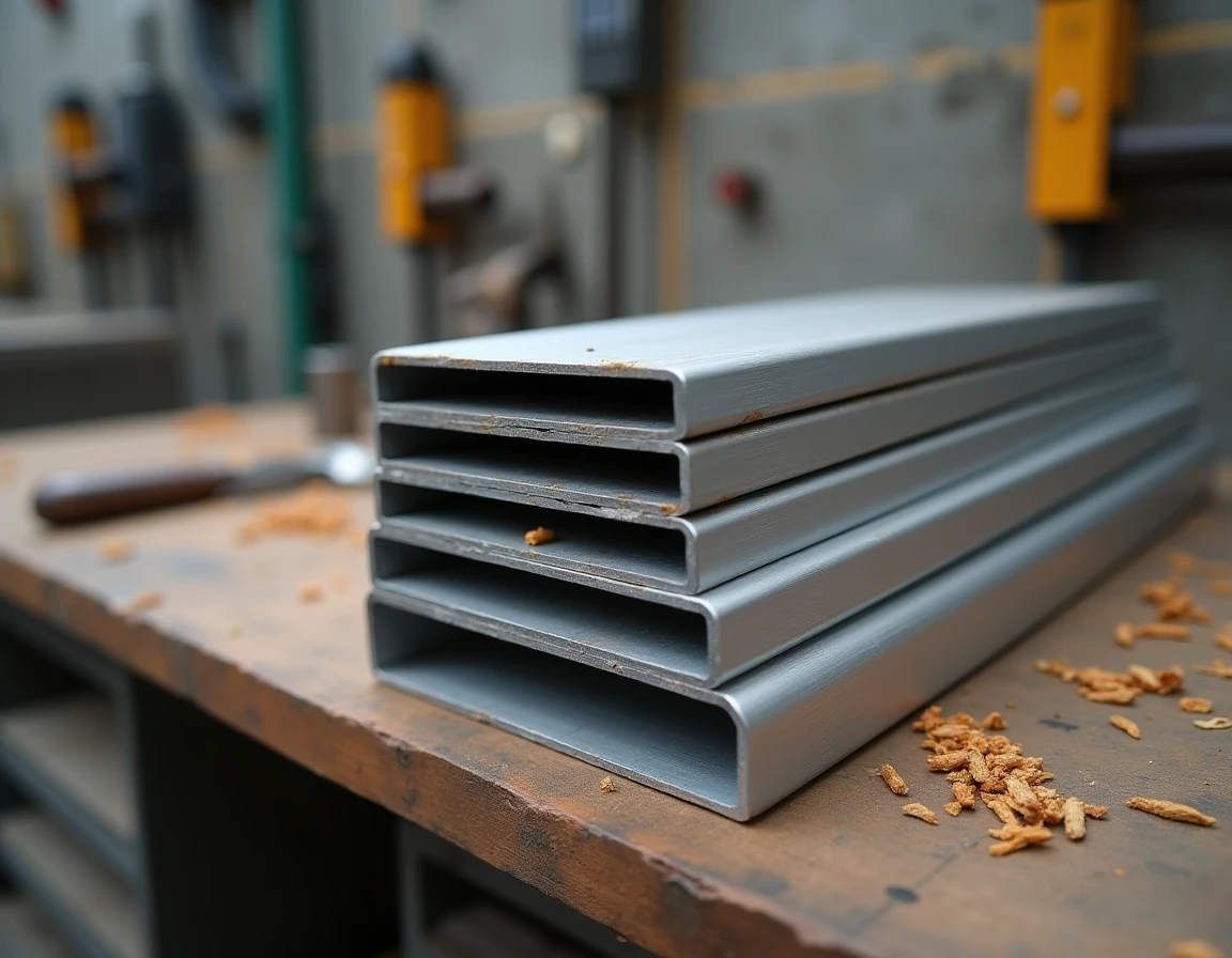 Gros plan sur des tubes rectangulaires en aluminium brossé empilés sur un établi en bois dans un atelier industriel